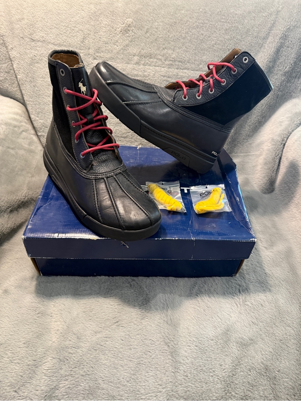 Polo by Ralph Lauren Declan Black Leather High-Top Duck Boots with Red Laces